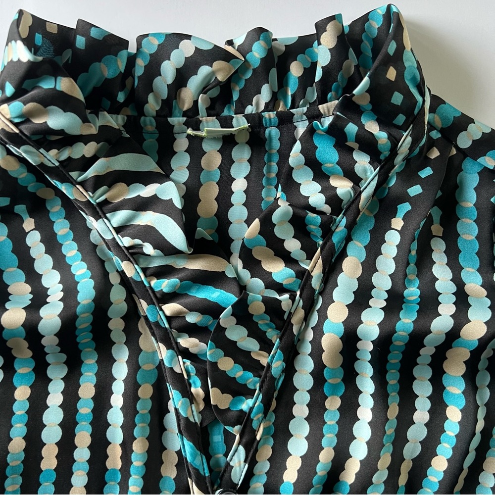 Agora Blouse, Top, Polka-Dot Tan, Black Blue, Turquoise, Short Sleeve, Ruffle